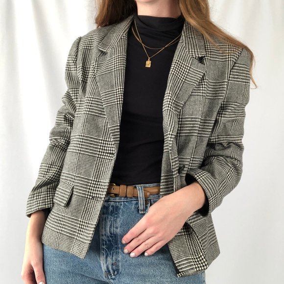 Parisian Vintage Oversized Houndstooth Plaid Knit Wool Blend Blazer Jacket Coat - Picture 8 of 8